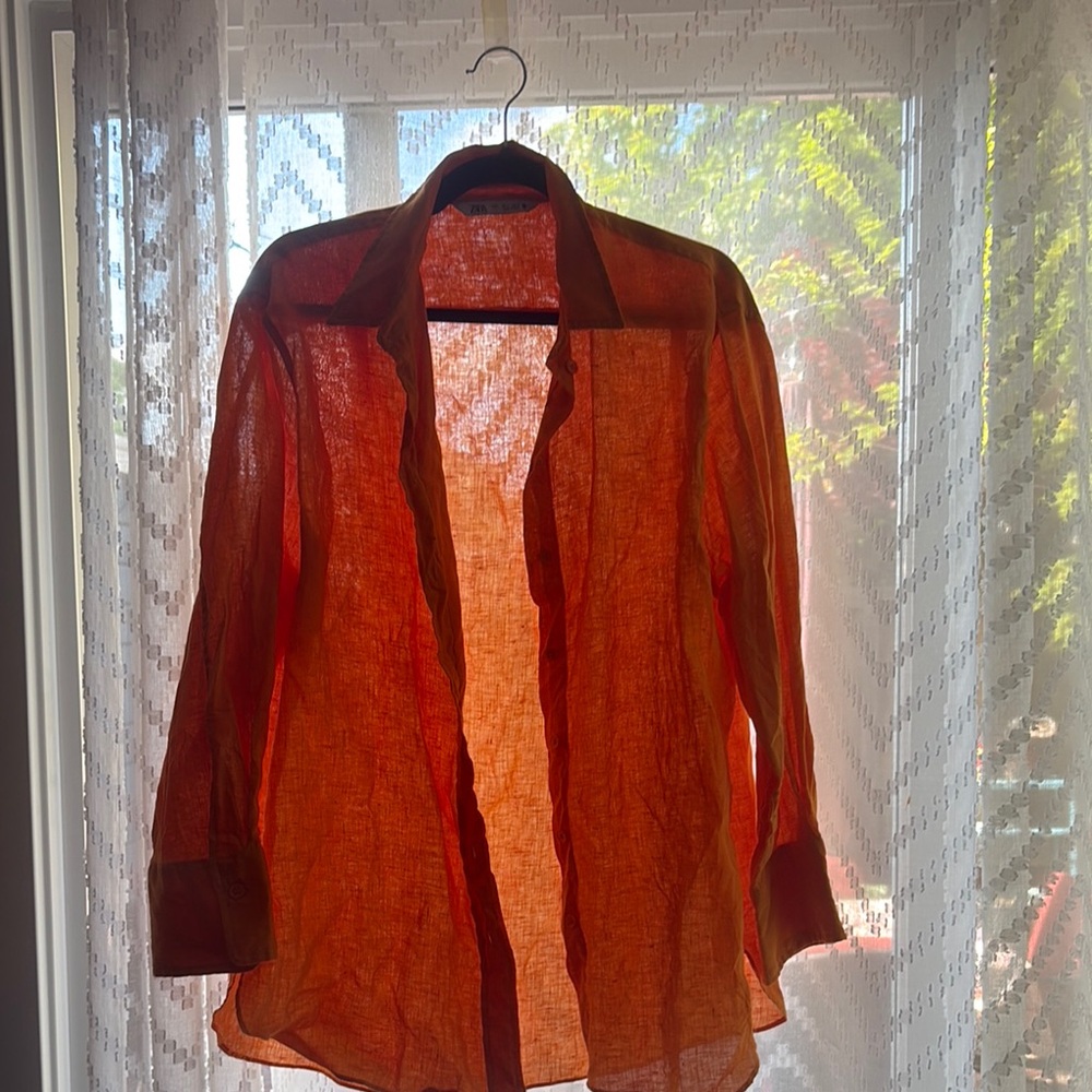 Zara Linen Orange Button-Up Shirt